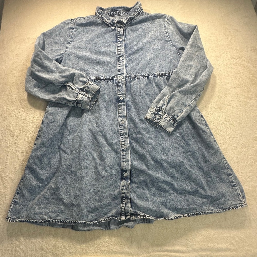 Acid Wash Denim Tiered Button Down Dress Light Blue Long Sleeve 2XL
